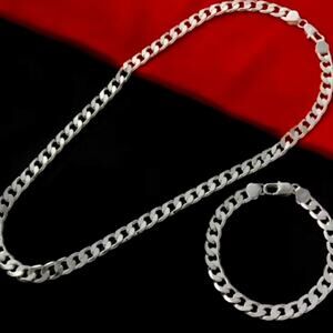 925 Silver Chain Cuban Necklace & Bracelet Set Men's Christmas Birthday Gift NEW